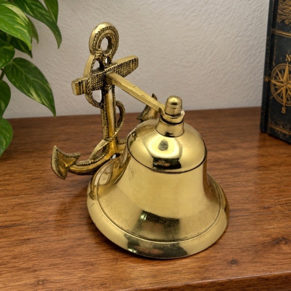Vintage Brass Ship Bell Anchor Wall Mount Nautical Maritime Decor 5.25" diam